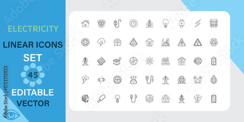Electricity linear icons set. Power, energy, safety and more. Outline vector icon in linear style. Editable stroke. Vector illustration.