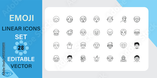 Emoji linear icons set. Emotions, expressions, faces and more. Outline vector icon in linear style. Editable stroke. Vector illustration.