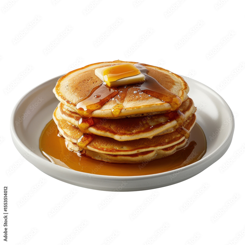 Delicious pancakes stacked high, drizzled with syrup and topped with butter, creating mouthwatering breakfast treat Delicious pancakes stacked high, drizzled with syrup and topped with butter, creating mouthwatering breakfast treat