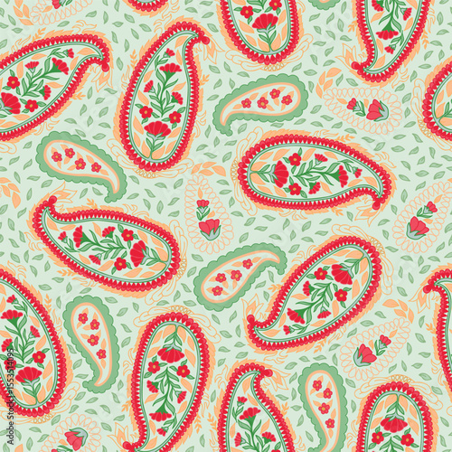 Christmas Paisleys in Traditional Red and Green in a Non Directional Tossed Design creating a seamless pattern print