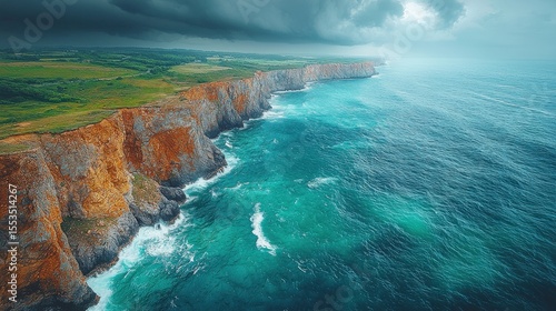Coastal Cliffs & Turquoise Ocean, Drone View

Dramatic drone view of rugged coastal cliffs meeting vibrant turquoise ocean under a moody sky.

