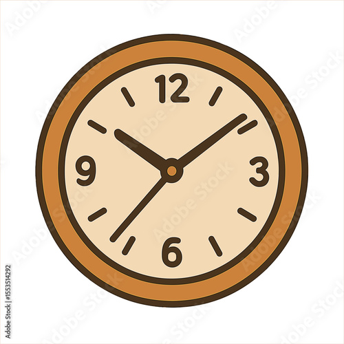 Simple round clock with brown frame and beige face showing time  