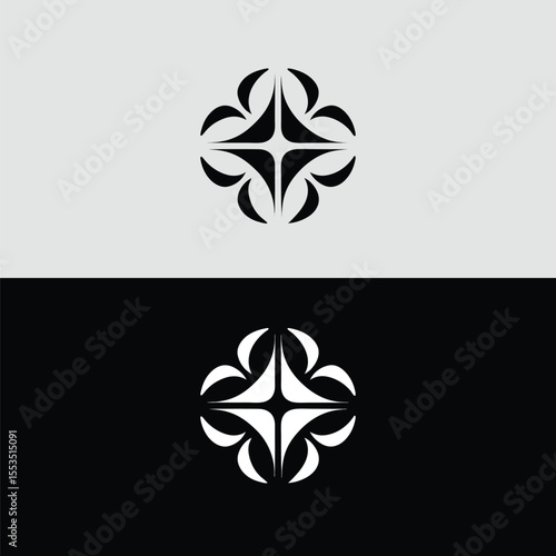 An abstract floral logo design features a geometric shape isolated on a two tone background