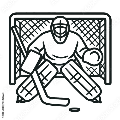 Hockey goalie icon in net with puck in black and white
