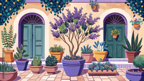 Mediterranean herb garden featuring terracotta pots, aromatic herbs, and olive trees vector perfect for culinary themes, garden designs, and organic lifestyle projects