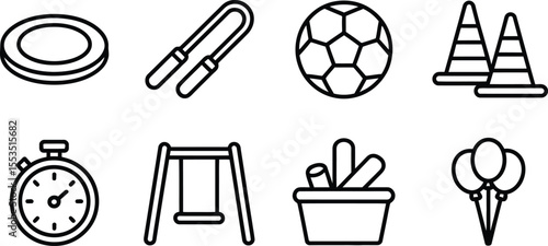 Sports and Play Icons Including Frisbee, Soccer Ball, Stopwatch, and Swing