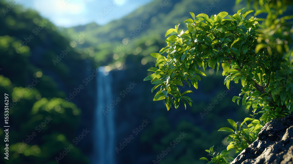 Obraz premium Serene view of lush green foliage framing majestic waterfall in vibrant landscape, evoking tranquility and natural beauty