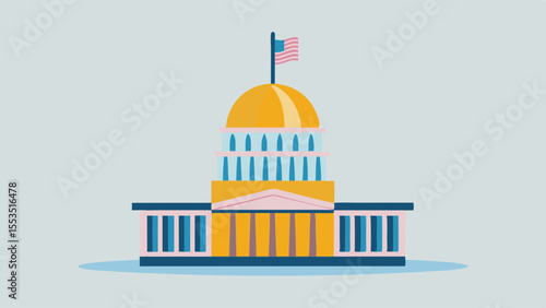 a capitol building with an american flag on top against a light blue background