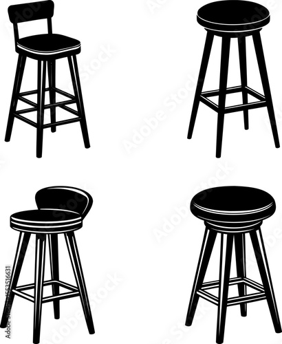 A collection of four black and white bar stool designs with different styles