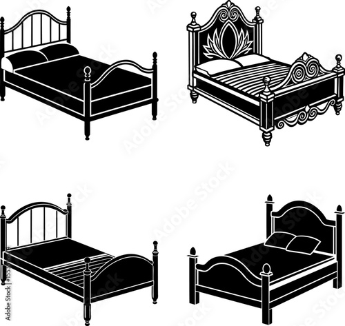 Four distinct bed frame designs in a monochrome black and white vector