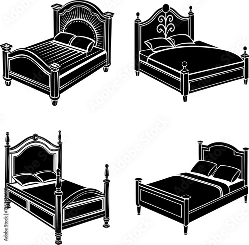 Collection of four different style beds in solid black and white vectors