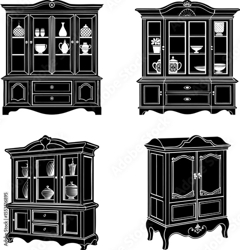 Elegant Vintage Cabinetry Collection in Black and White Silhouette Style Artwork