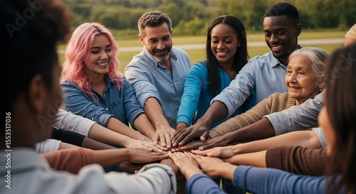 Diverse group of people stacking hands showing unity and cooperation achievement vision success with happy faces