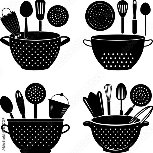 Set of four black and white colanders with different kitchen utensils