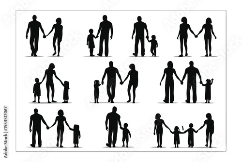 Family Silhouettes: A collection of family silhouettes showcasing the bonds of love, togetherness, and support within a family, walking and hand-in-hand.