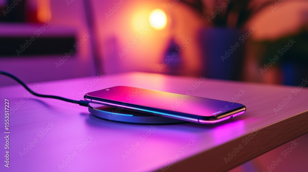 Smartphone wirelessly charging on a pad at night. Smartphone wirelessly charging on a pad at night.