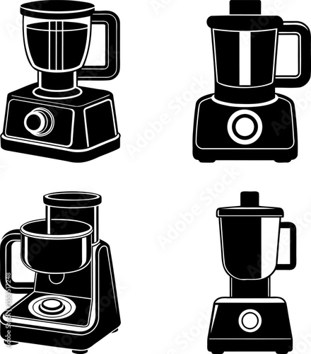 Four stylized black and white images of food processor and blender icons
