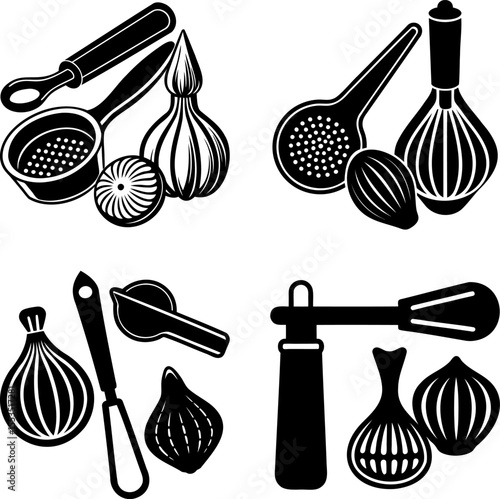 Monochrome Culinary Tools Still Life Featuring Lemons and Lemongrass Elements