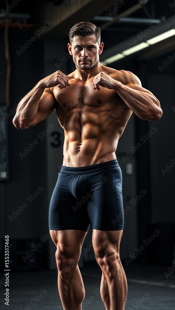 Fototapeta premium Muscular Male Bodybuilder Flexing in Gym Lighting