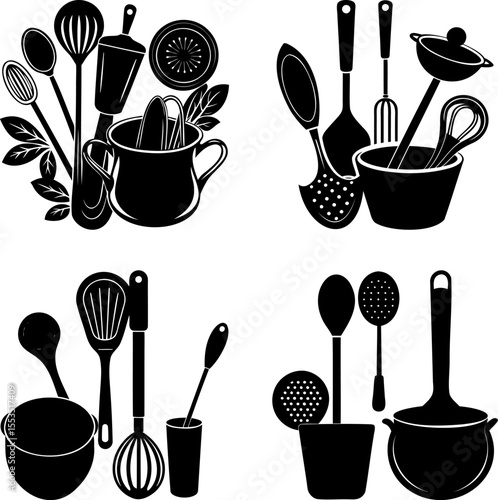 Black and White Kitchen Utensil Collection with Decorative Leaf Accents