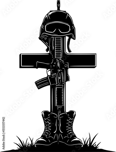 Fallen Soldier Battlefield Cross Silhouette – Military Memorial Vector
