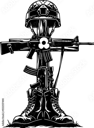 Fallen Soldier Battlefield Cross Silhouette – Military Memorial Vector
