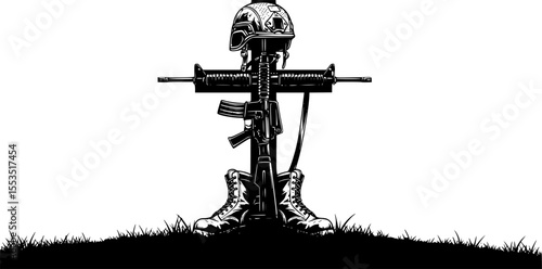 Fallen Soldier Battlefield Cross Silhouette – Military Memorial Vector

