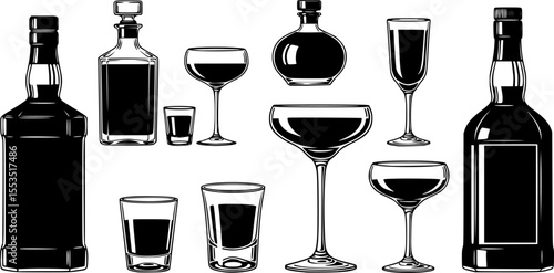 Vintage Liquor Bottles and Cocktail Glasses Silhouette Vector – Elegant Barware Illustration
