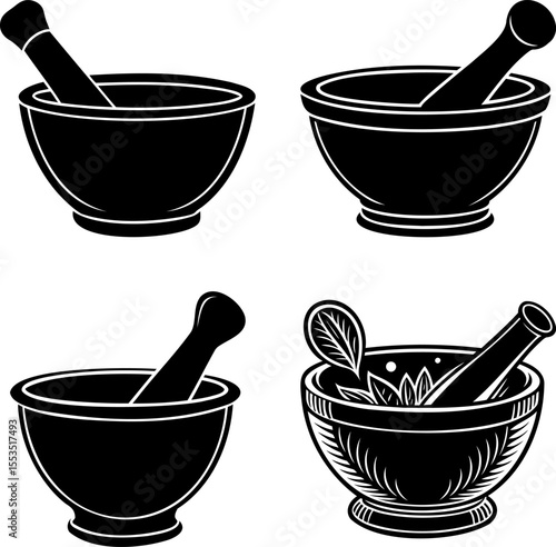 Set of Mortar and Pestle Illustrations for Pharmacy, Herbs, and Spices