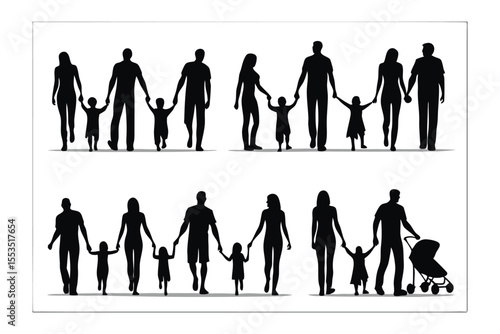 Family Silhouette Unity: A series of silhouette depicting familial love and togetherness, each family member holding hands, conveying a sense of unity, connection, and support.