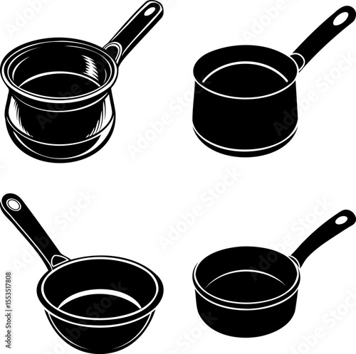 A set of four different saucepans, each shown in simple black and white
