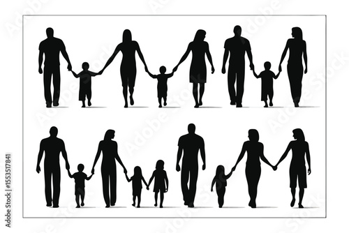 Family Silhouettes Walking: A collection of silhouettes depicting families walking hand-in-hand, symbolizing togetherness, unity, and family bonds.