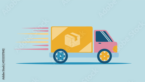 a delivery truck with a box on its side moving quickly with speed lines behind it