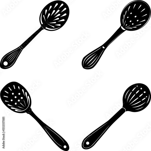 A graphic black and white display of assorted skimmer spoon designs