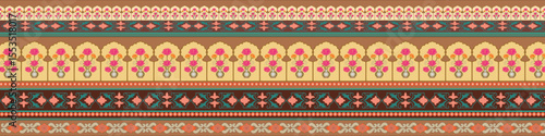 A beautifully detailed traditional Mughal-style floral wall pattern featuring symmetrical flower arrangements in vases, decorative arches, and ornamental borders. Ideal for use in wedding invitations