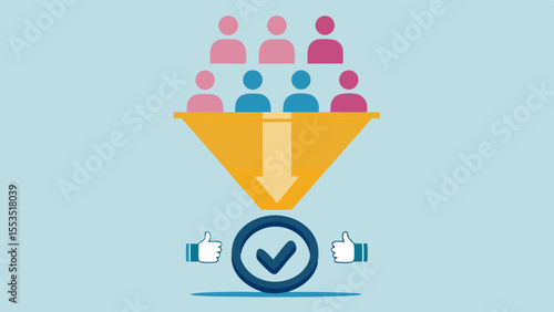 a funnel with people icons filtering down to a checkmark with thumbs up symbols