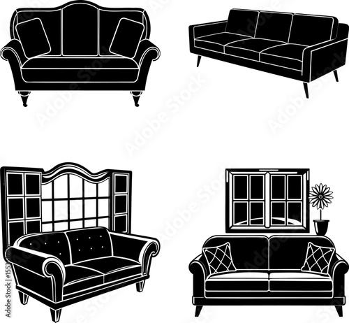 Black and White Illustration of Assorted Sofas with Various Styles