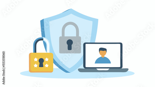 showing a laptop with a person on screen and two padlocks with a security shield