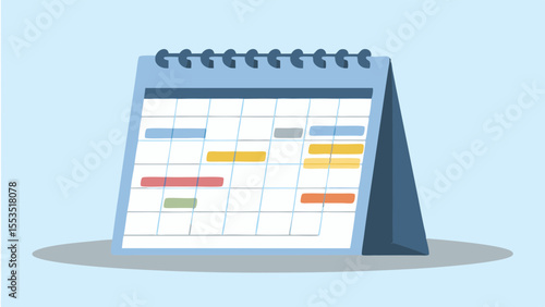 a desk calendar with colorful highlights on a light blue background surface view