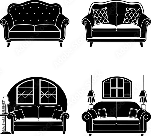 Four stylized sofa designs showcasing different shapes and arrangement of furniture