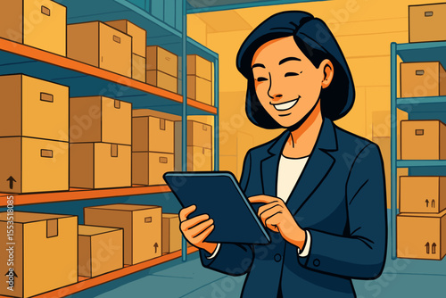 Businesswoman using tablet in warehouse full of boxes