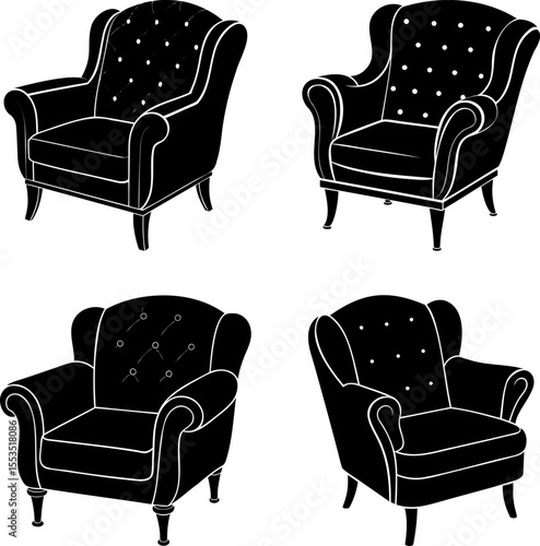 Silhouette of vintage upholstered armchairs, a collection of classic elegant seating