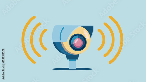 a security camera with signal waves emanating from either side on a light blue background