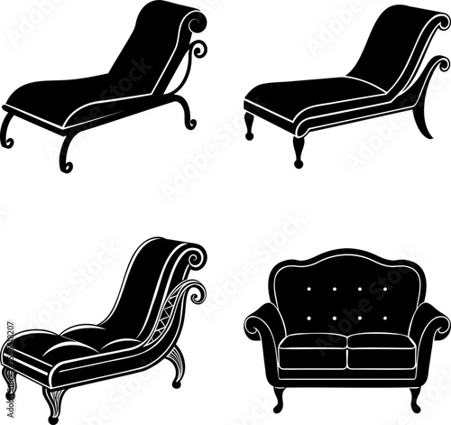 Stylized illustration of antique furniture with chaise lounges and a sofa
