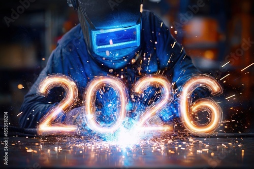 2026 new year numbers metal sparks with welder in workshop