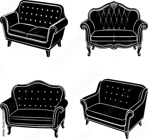 Black and white vector image of four different antique style sofas
