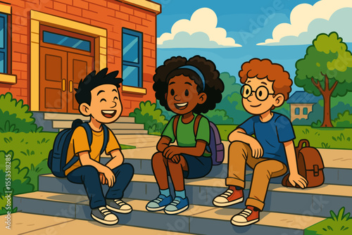 Three school kids sitting and talking on school steps