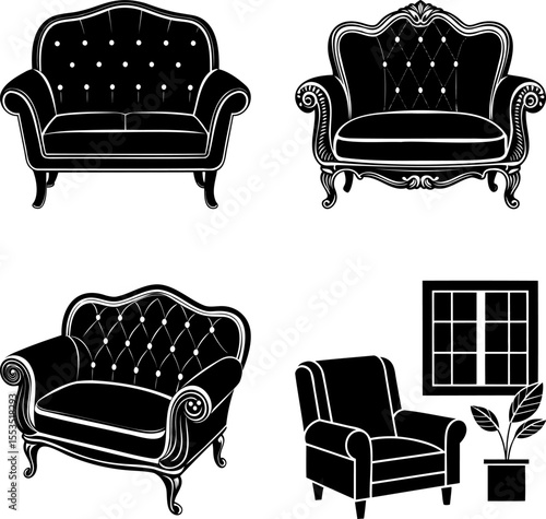 A collection of various styles of classic black and white furniture designs