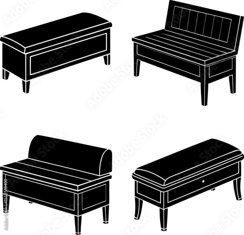 Isometric view of various styles of furniture with storage space and seating