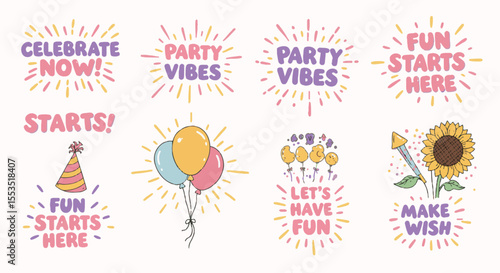 Lively Party and Celebration Graphic Elements Collection. ideal for invitations, social media posts, event promotions, or any design needing to capture a joyful atmosphere.